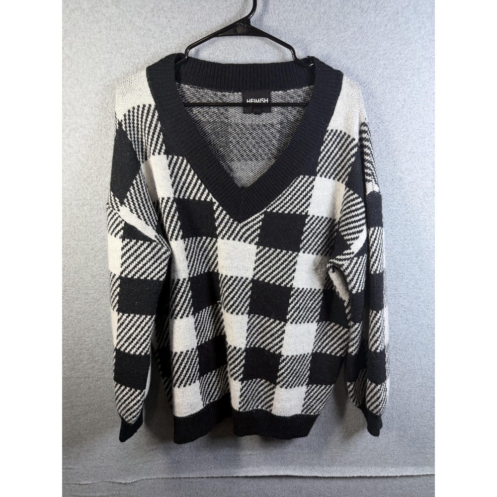 Heimish Sweater Womens Large Black Check Plaid V Neck Long Sleeve Knit Pullover